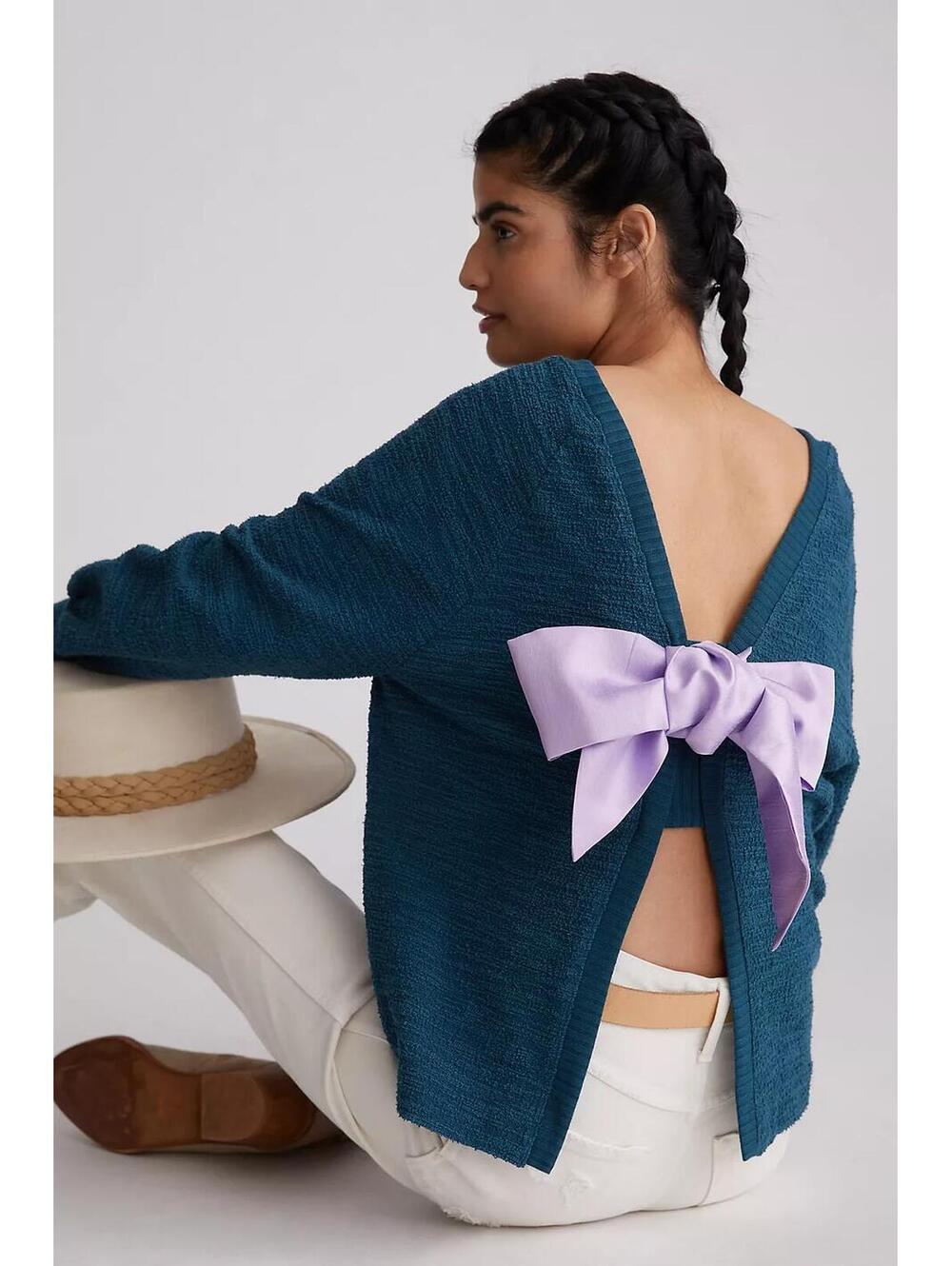Maeve Anthropologie Green Open-Back Bow Sweater Top Size S